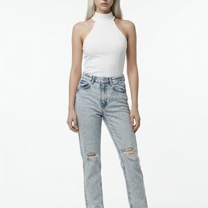 Zara Light Blue Straight Leg Ripped Jeans